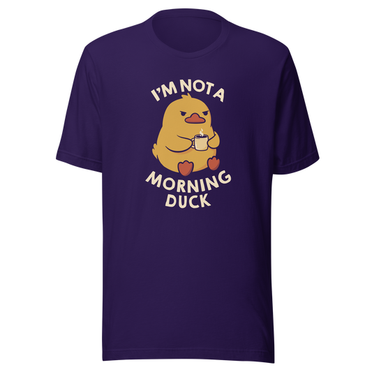 A cute little yellow duck, with a grumpy face, holding a mug of coffee and surrounded by the words "I'm Not a Morning Duck". This design plays on the humor of difficult mornings, mixing cuteness and sarcasm for those who only function after coffee. Perfect for those who are not at all morning people, coffee lovers and fans of funny prints and cute ducks.