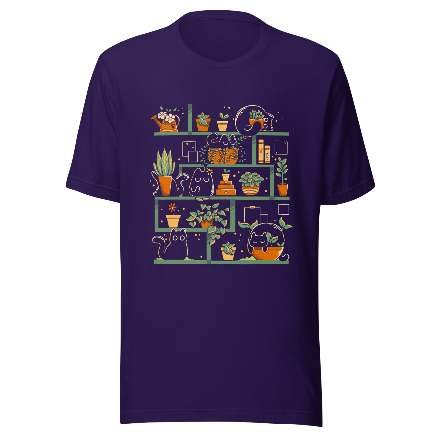 A minimalist illustration of a charming bookcase filled with lush potted plants and adorable kittens nestled among them. A cute and funny design, perfect for cat lovers, plant enthusiasts, and cosy decor fans.