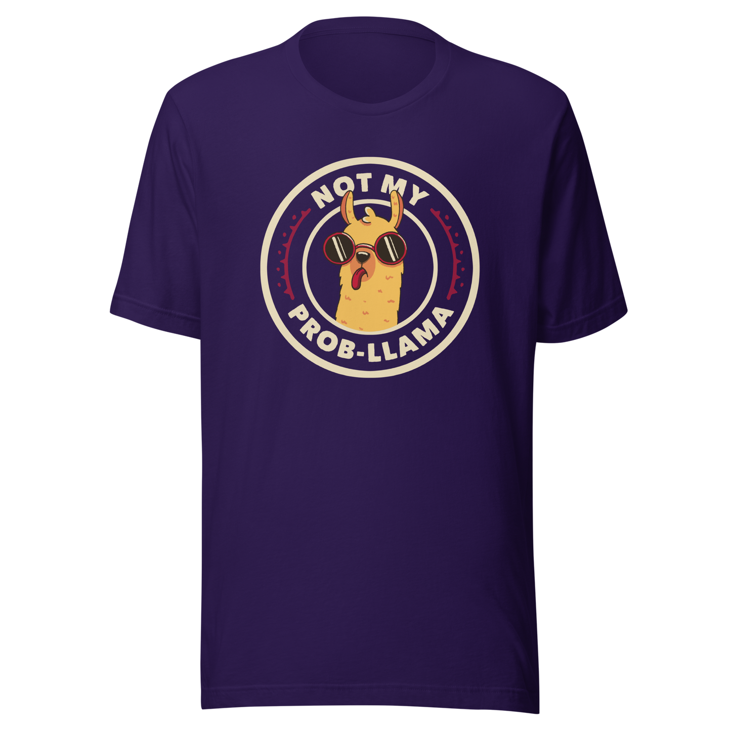 A delightful stamp-style illustration featuring a playful llama wearing sunglasses and sticking out its tongue. Framing the image is the witty phrase “Not My Prob-Llama,” adding a humorous twist to the llama’s carefree attitude. Fun, lighthearted, and full of personality, this artwork is perfect for anyone who loves llamas and enjoys a touch of sarcastic humor.