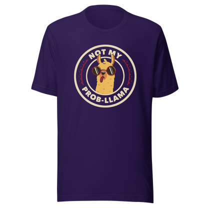A delightful stamp-style illustration featuring a playful llama wearing sunglasses and sticking out its tongue. Framing the image is the witty phrase “Not My Prob-Llama,” adding a humorous twist to the llama’s carefree attitude. Fun, lighthearted, and full of personality, this artwork is perfect for anyone who loves llamas and enjoys a touch of sarcastic humor.