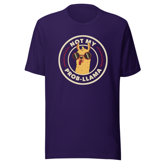 A delightful stamp-style illustration featuring a playful llama wearing sunglasses and sticking out its tongue. Framing the image is the witty phrase “Not My Prob-Llama,” adding a humorous twist to the llama’s carefree attitude. Fun, lighthearted, and full of personality, this artwork is perfect for anyone who loves llamas and enjoys a touch of sarcastic humor.