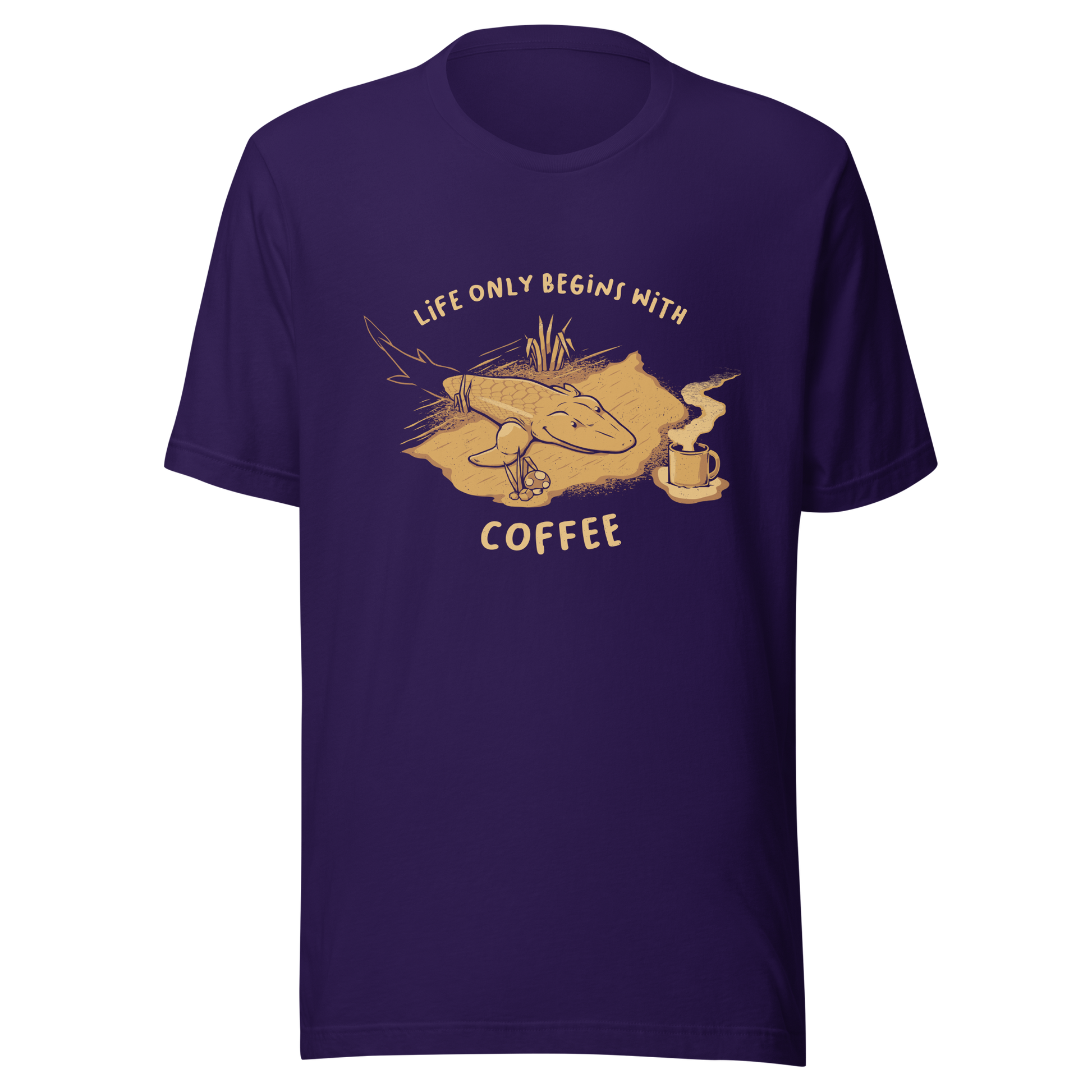This funny illustration shows a tadpole evolving into a terrestrial creature while reaching for a cup of coffee. Paired with the phrase ‘Life Begins After Coffee Evolution’, the artwork humorously compares human evolution to our daily need for coffee.