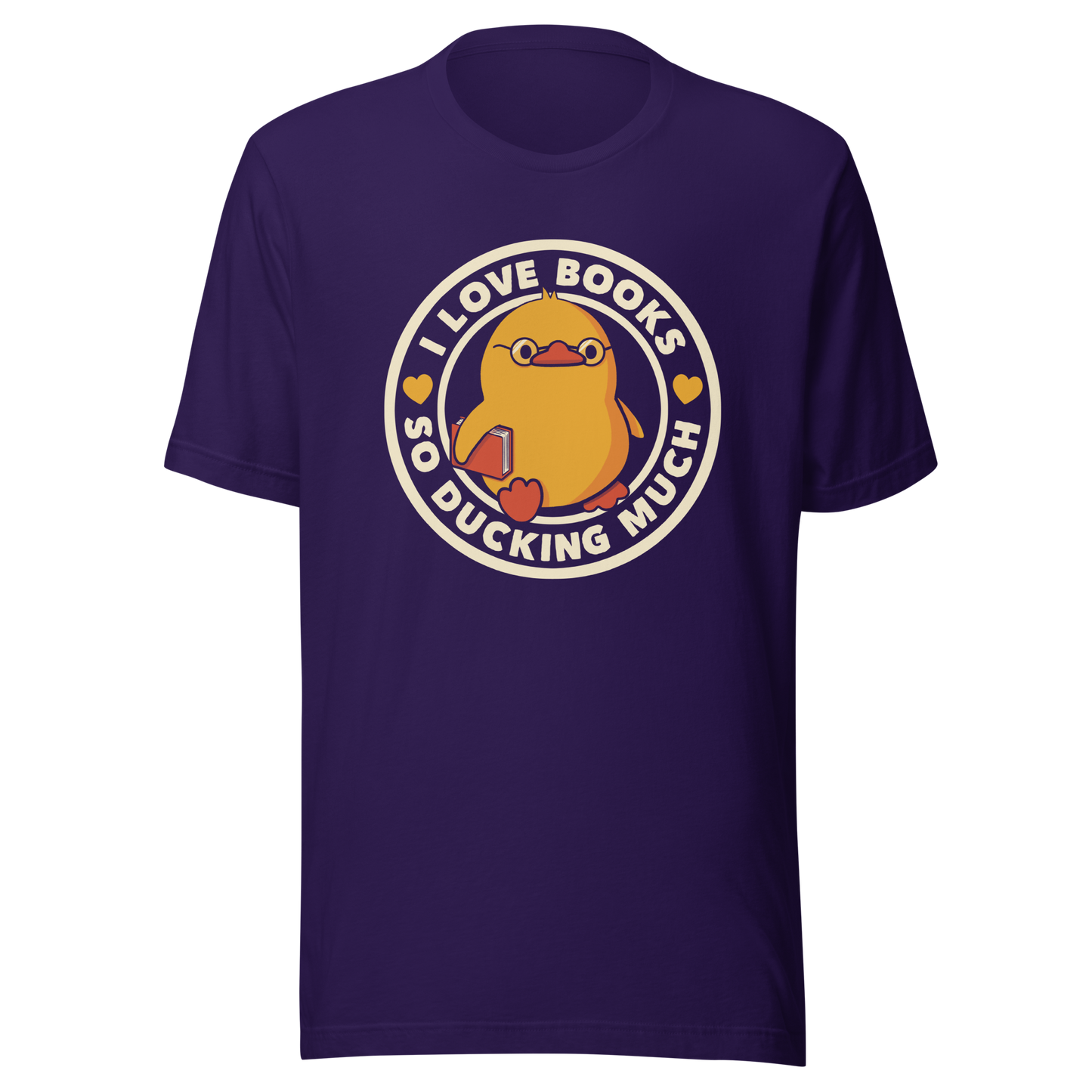 A cute yellow duckling with glasses and holding a book, around it the phrase "II Love Books So Ducking Much". A perfect gift for anyone who loves ducks and books.