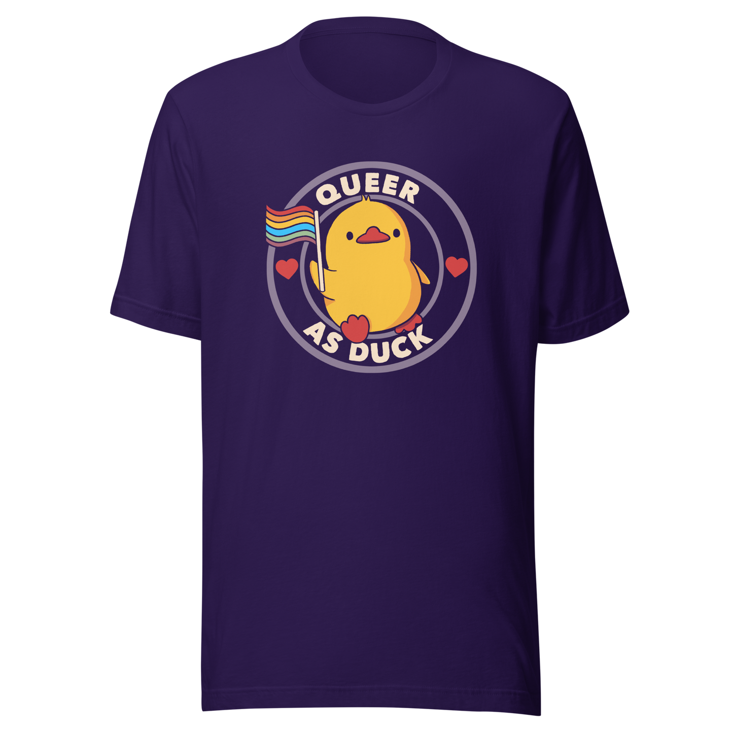 A stamp featuring an adorable duckling holding the LGBTQ flag, surrounded by the text "Queer as Duck". This charming artwork serves as a perfect way to display your support for LGBTQ rights.