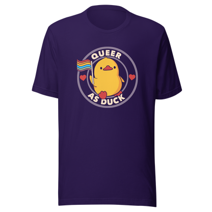A stamp featuring an adorable duckling holding the LGBTQ flag, surrounded by the text "Queer as Duck". This charming artwork serves as a perfect way to display your support for LGBTQ rights.
