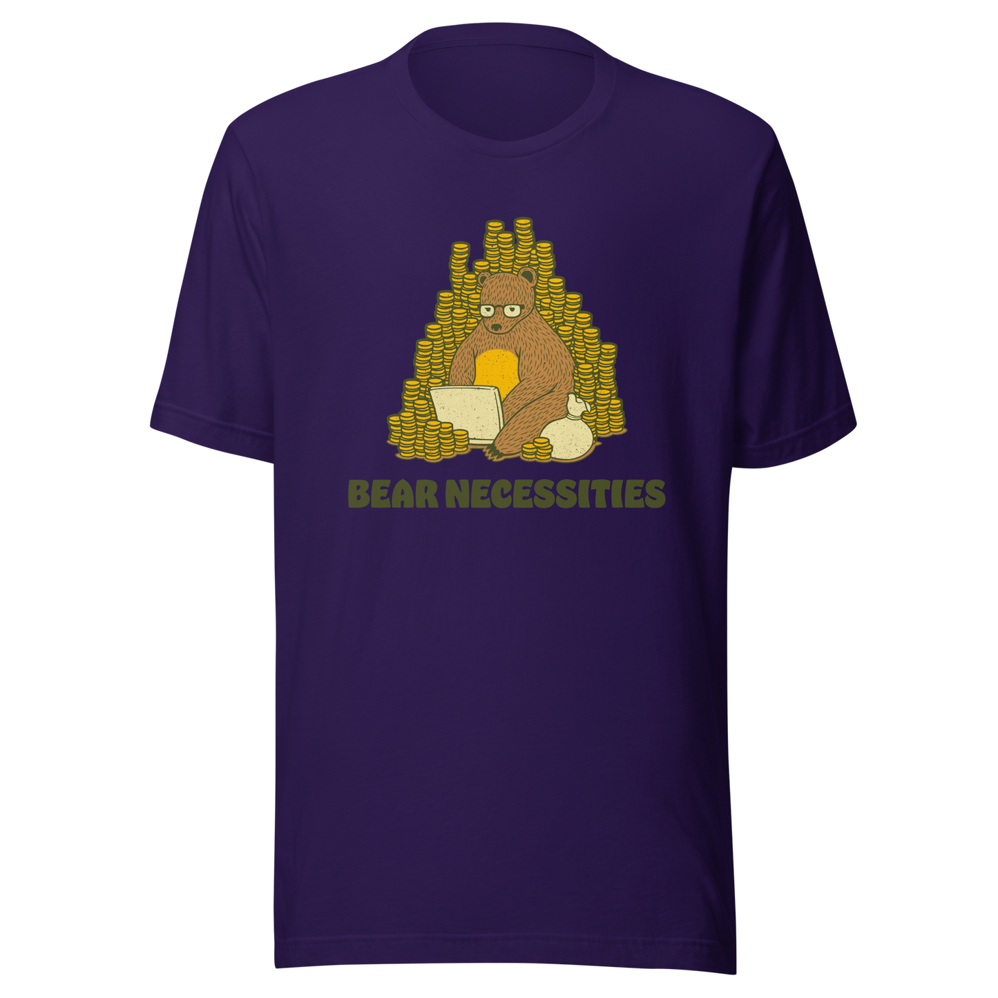 A brown bear wearing glasses works on his laptop, surrounded by stacks of coins. The phrase ‘Bear Necessities’ adds a clever, humorous twist. A minimalist and playful design, perfect for entrepreneurs, freelancers, office lovers and fans of witty animal art.