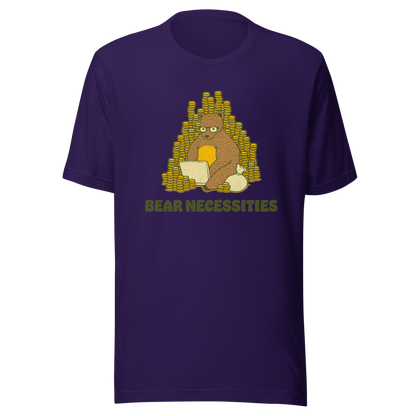 A brown bear wearing glasses works on his laptop, surrounded by stacks of coins. The phrase ‘Bear Necessities’ adds a clever, humorous twist. A minimalist and playful design, perfect for entrepreneurs, freelancers, office lovers and fans of witty animal art.