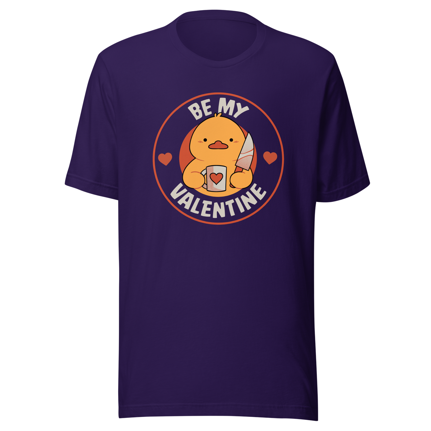 A cute duckling holding a heart-shaped coffee mug and a small knife, paired with the phrase ‘Be My Valentine Funny Duck’. A playful mix of cuteness and dark humor, perfect for coffee lovers and fans of ironic, quirky art.