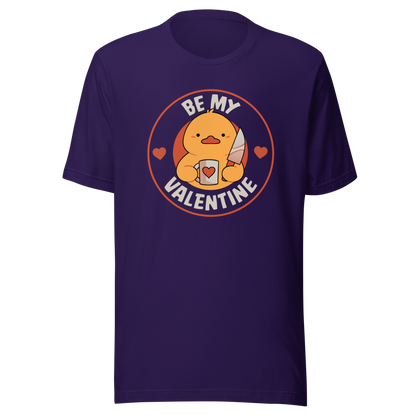 A cute duckling holding a heart-shaped coffee mug and a small knife, paired with the phrase ‘Be My Valentine Funny Duck’. A playful mix of cuteness and dark humor, perfect for coffee lovers and fans of ironic, quirky art.