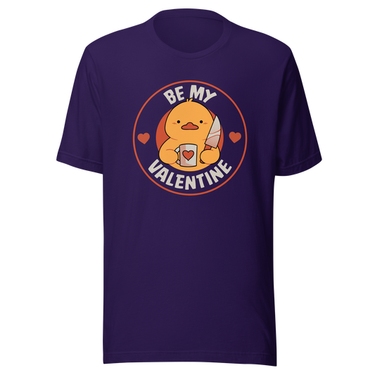 A cute duckling holding a heart-shaped coffee mug and a small knife, paired with the phrase ‘Be My Valentine Funny Duck’. A playful mix of cuteness and dark humor, perfect for coffee lovers and fans of ironic, quirky art.
