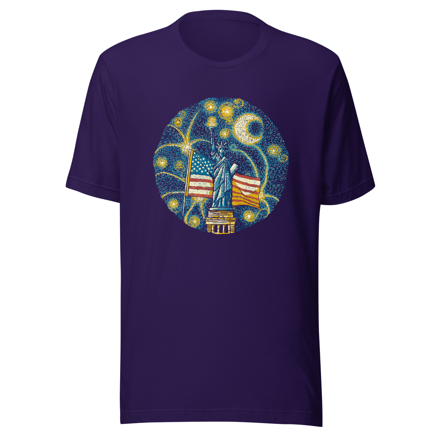 An Impressionist-style artwork inspired by Van Gogh, featuring the Statue of Liberty under a swirling starry sky with the United States flag in the background. A symbolic fusion of liberty, patriotism, night sky, and expressive oil painting style, inspired by Van Gogh aesthetics.