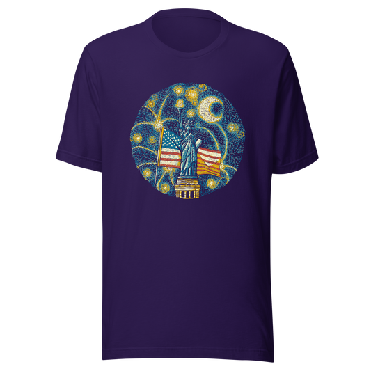 An Impressionist-style artwork inspired by Van Gogh, featuring the Statue of Liberty under a swirling starry sky with the United States flag in the background. A symbolic fusion of liberty, patriotism, night sky, and expressive oil painting style, inspired by Van Gogh aesthetics.