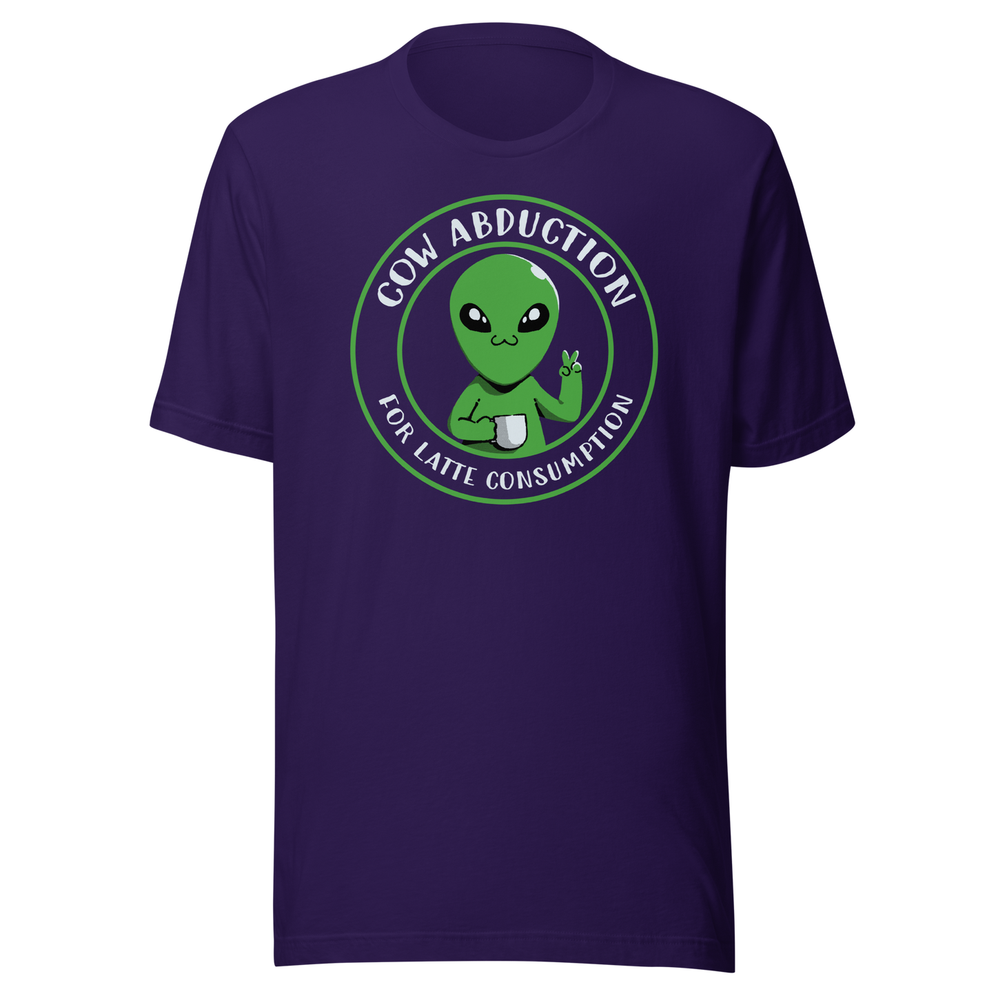 A cute alien holding a cup of coffee, paired with the phrase ‘Cow Abduction For Latte Consumption’. A playful and humorous design that mixes sci-fi vibes with coffee obsession. Perfect for coffee lovers, alien enthusiasts, and anyone who enjoys quirky, funny art with a cosmic twist.
