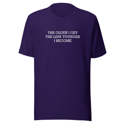 This typographic design features the phrase ‘The older I get the less younger I become’, a funny and ironic take on getting older. A clean and minimalist quote artwork, perfect for fans of sarcastic humor, witty sayings, and relatable designs.