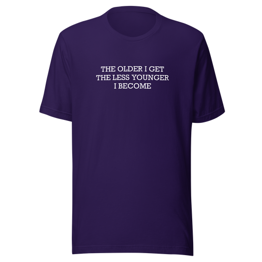 This typographic design features the phrase ‘The older I get the less younger I become’, a funny and ironic take on getting older. A clean and minimalist quote artwork, perfect for fans of sarcastic humor, witty sayings, and relatable designs.