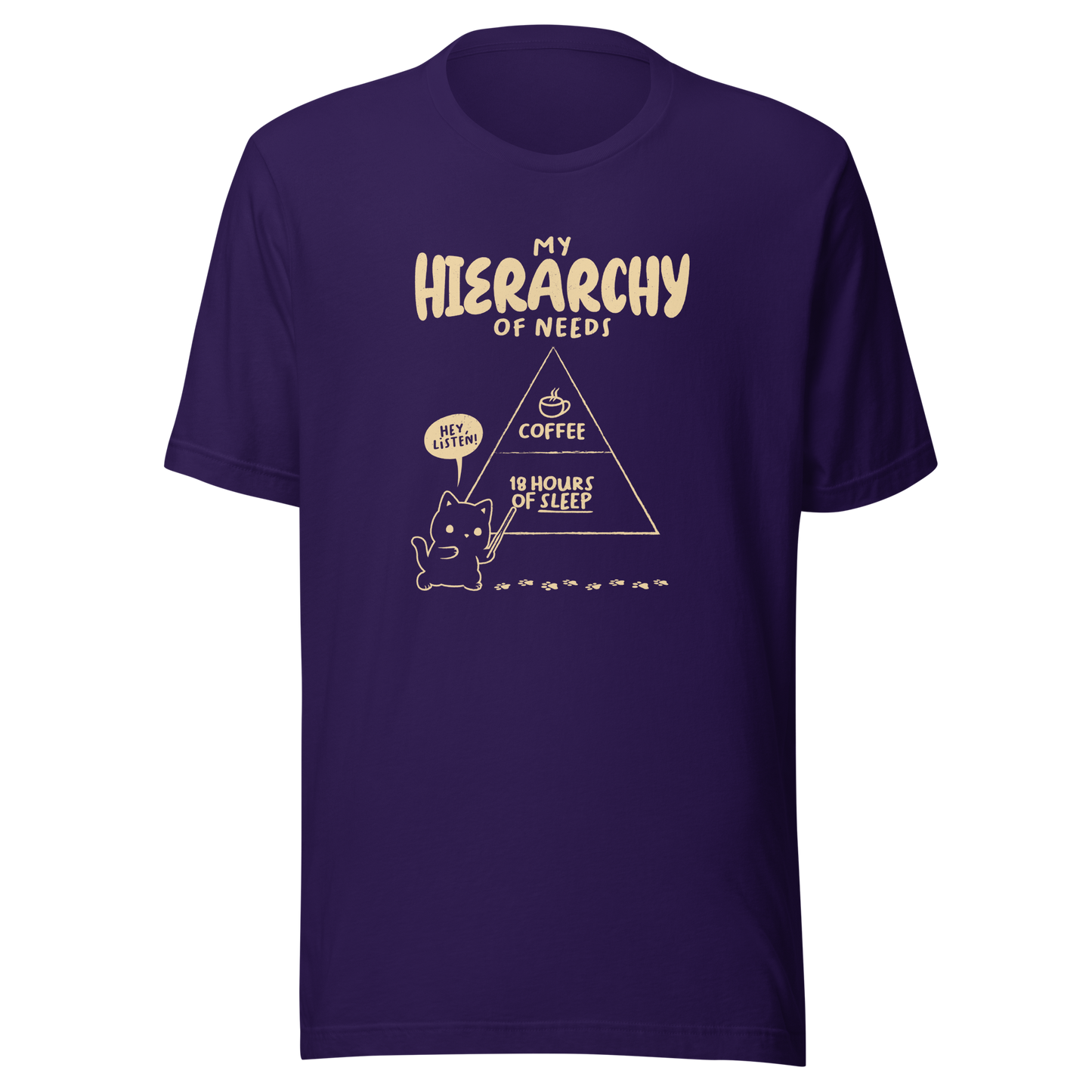 A playful illustration of a cat holding a pointer and presenting its own hierarchy of needs on a triangle chart, with coffee at the very top and 18 hours of sleep right below. A humorous piece for cat lovers who know exactly what really matters.