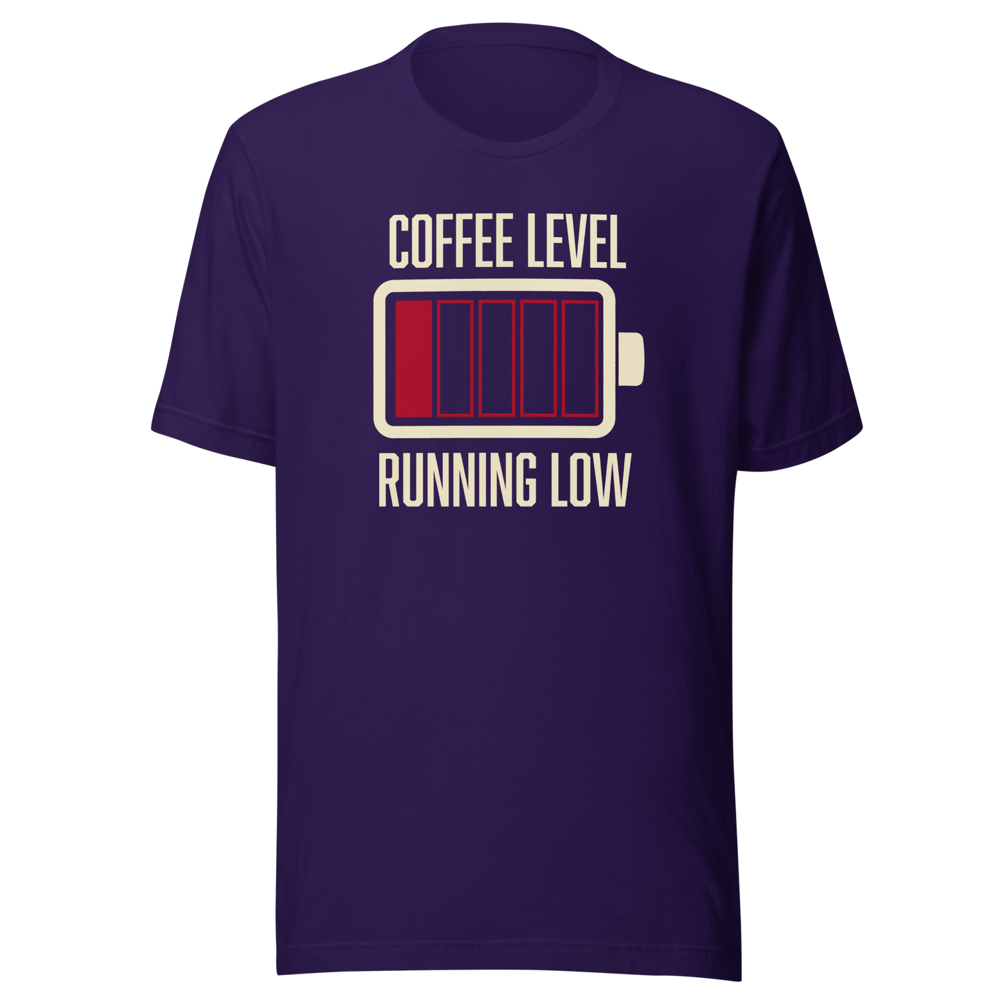 A minimalist artwork featuring a nearly empty battery indicator paired with the phrase ‘Coffee Level Running Low.’ A witty and relatable design for coffee lovers, caffeine addicts, office workers, students, and anyone who runs on coffee to get through the day.
