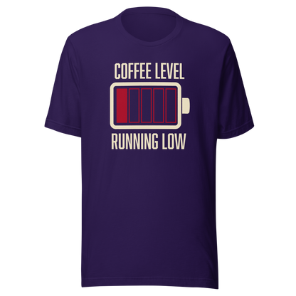 A minimalist artwork featuring a nearly empty battery indicator paired with the phrase ‘Coffee Level Running Low.’ A witty and relatable design for coffee lovers, caffeine addicts, office workers, students, and anyone who runs on coffee to get through the day.