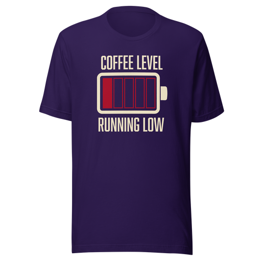 A minimalist artwork featuring a nearly empty battery indicator paired with the phrase ‘Coffee Level Running Low.’ A witty and relatable design for coffee lovers, caffeine addicts, office workers, students, and anyone who runs on coffee to get through the day.