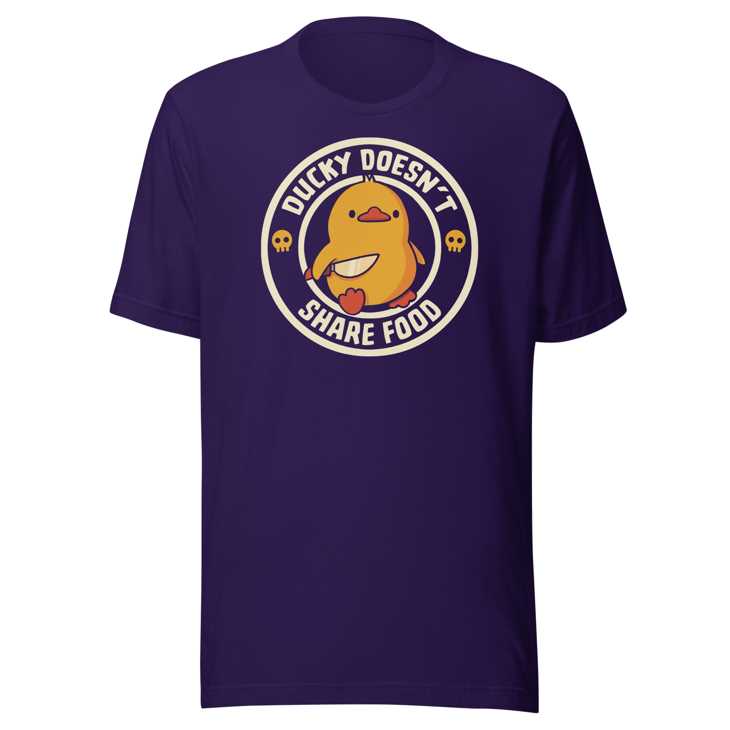 A cute yellow duck holding a small knife, paired with the phrase “Ducky Doesn’t Share Food”. A funny and sarcastic design that contrasts adorable looks with an aggressive, food-protective duck attitude.
