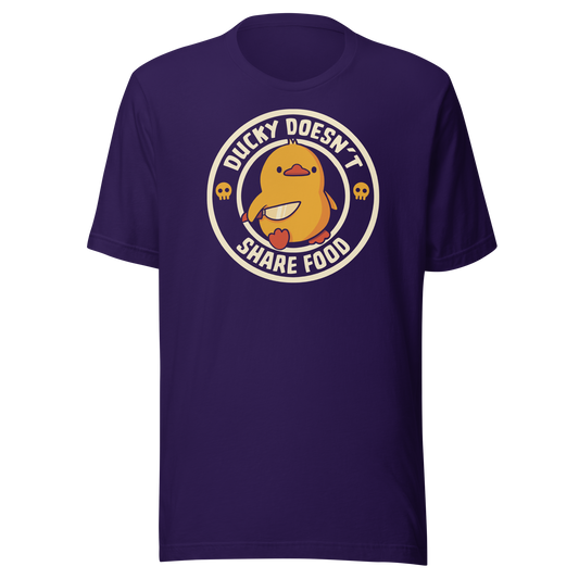 A cute yellow duck holding a small knife, paired with the phrase “Ducky Doesn’t Share Food”. A funny and sarcastic design that contrasts adorable looks with an aggressive, food-protective duck attitude.