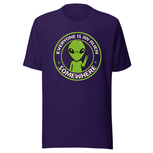 A stamp-style design of a green alien making a “V” sign, paired with the phrase “Everyone Is An Alien Somewhere”. A playful artwork about feeling different and embracing individuality.