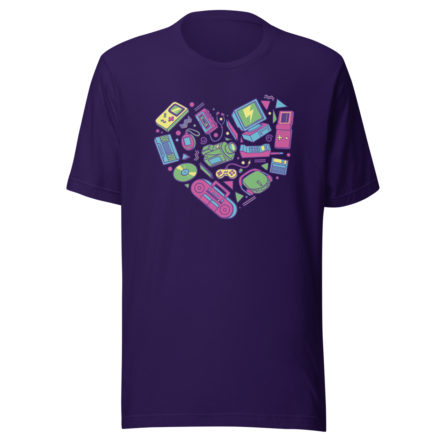A heart made of iconic 90s electronics like computers, Walkmans, telephones, video game consoles, and Discmen, all in vibrant neon colours. A bold, nostalgic artwork perfect for anyone who loves retro tech and 90s vibes.