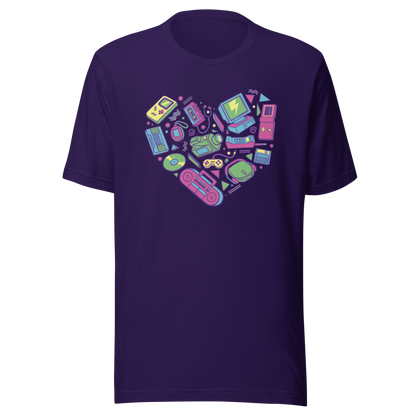 A heart made of iconic 90s electronics like computers, Walkmans, telephones, video game consoles, and Discmen, all in vibrant neon colours. A bold, nostalgic artwork perfect for anyone who loves retro tech and 90s vibes.
