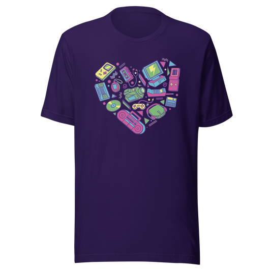 A heart made of iconic 90s electronics like computers, Walkmans, telephones, video game consoles, and Discmen, all in vibrant neon colours. A bold, nostalgic artwork perfect for anyone who loves retro tech and 90s vibes.