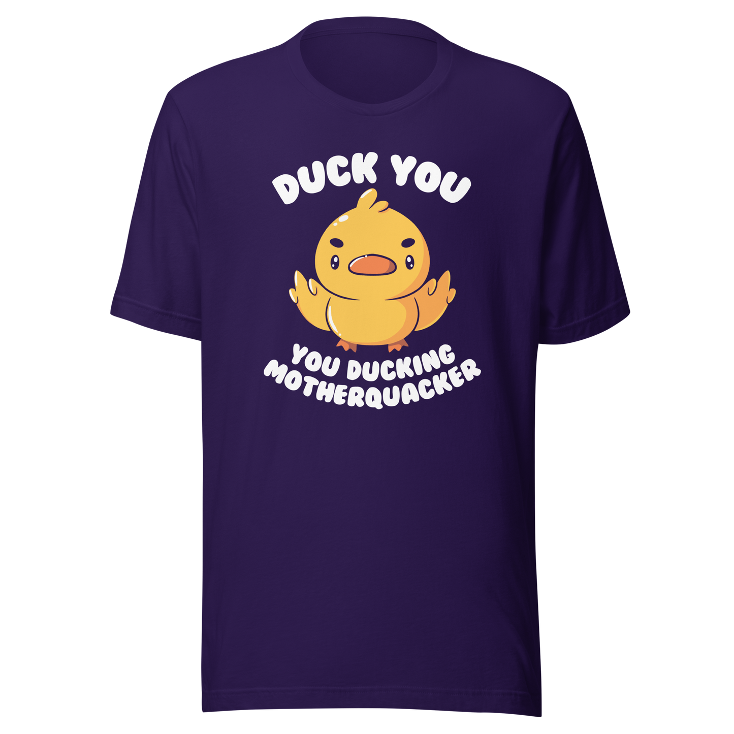 A cute yellow duckling with a mean face showing his middle fingers, next to it the phrase "Duck You, you ducking motherquacker". An art with humor for those who love ducks.