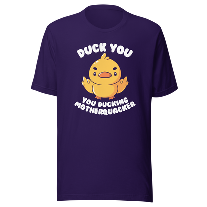 A cute yellow duckling with a mean face showing his middle fingers, next to it the phrase "Duck You, you ducking motherquacker". An art with humor for those who love ducks.