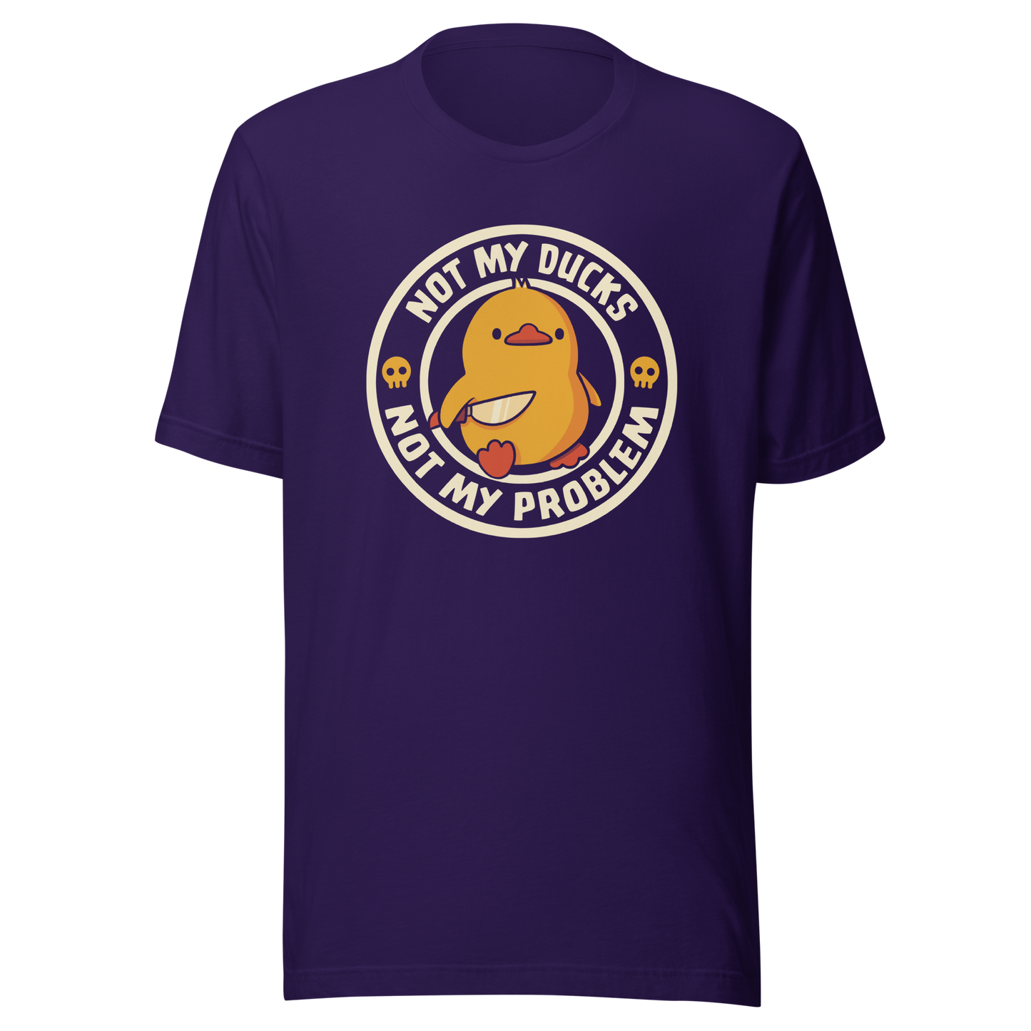 A cute yellow duck holding a tiny knife with an unexpectedly fierce attitude. Around it, the phrase "Not My Ducks Not My Problem" adds a sarcastic twist to the sweet but chaotic vibe. A playful design that blends humor, duck drama, and a touch of unapologetic mischief, perfect for fans of witty, slightly unhinged art.