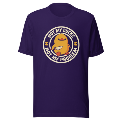 A cute yellow duck holding a tiny knife with an unexpectedly fierce attitude. Around it, the phrase "Not My Ducks Not My Problem" adds a sarcastic twist to the sweet but chaotic vibe. A playful design that blends humor, duck drama, and a touch of unapologetic mischief, perfect for fans of witty, slightly unhinged art.