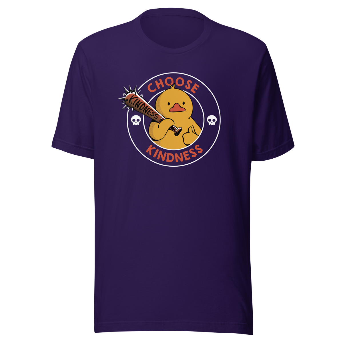 A tough-looking duck holds a spiked bat labeled “Kindness”, giving a thumbs up while surrounded by the phrase “Choose Kindness”. This bold design delivers a chaotic yet wholesome message: choose kindness — or else. Ideal for fans of dark humor, ducks with attitude, and ironic motivational vibes.