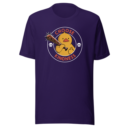 A tough-looking duck holds a spiked bat labeled “Kindness”, giving a thumbs up while surrounded by the phrase “Choose Kindness”. This bold design delivers a chaotic yet wholesome message: choose kindness — or else. Ideal for fans of dark humor, ducks with attitude, and ironic motivational vibes.