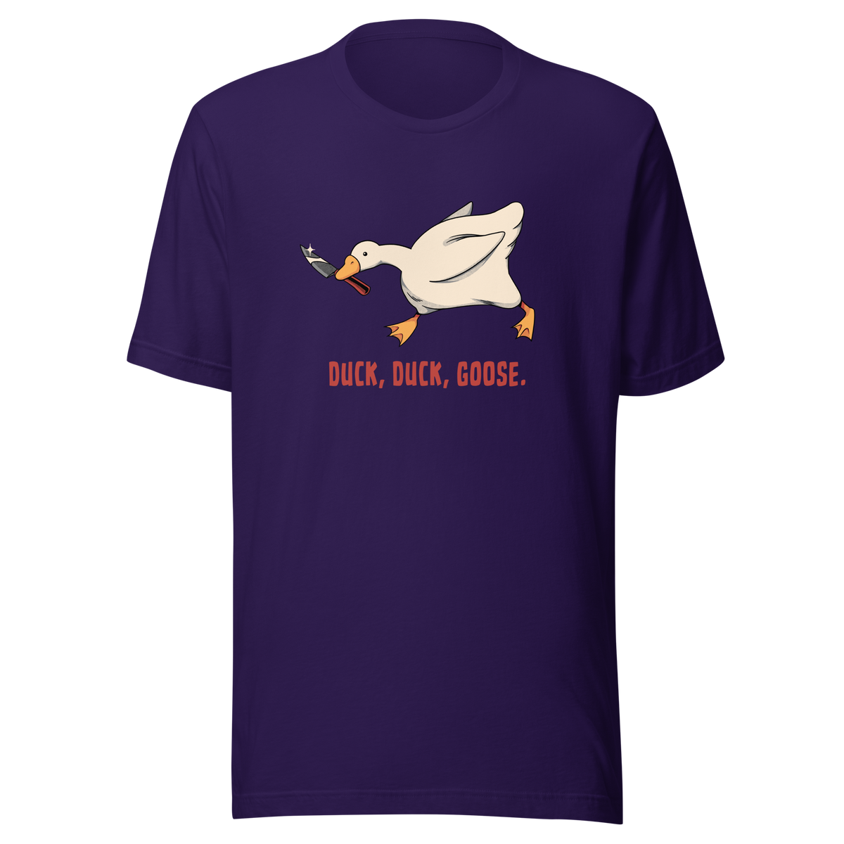 A white goose gripping a sharp knife in its beak with the phrase “Duck, Duck, Goose” below. A playful twist on the classic game, this design captures chaotic goose energy with a sharp dose of dark humor.