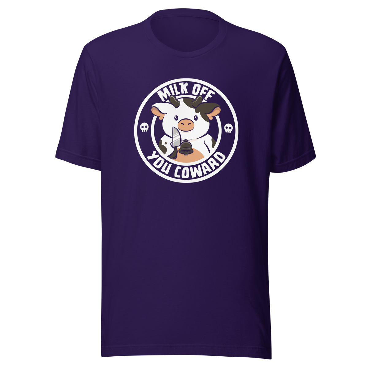 A quirky stamp-style design featuring a cute spotted cow holding a knife alongside the phrase "Milk Off You Coward". Blending dark humour with a cheeky attitude, this playful design is perfect for cow lovers, fans of sarcastic humour, and anyone who enjoys bold, irreverent artwork.