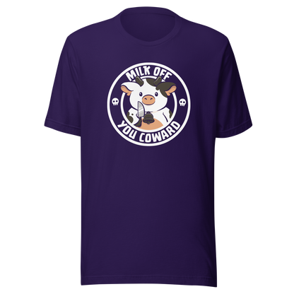 A quirky stamp-style design featuring a cute spotted cow holding a knife alongside the phrase "Milk Off You Coward". Blending dark humour with a cheeky attitude, this playful design is perfect for cow lovers, fans of sarcastic humour, and anyone who enjoys bold, irreverent artwork.