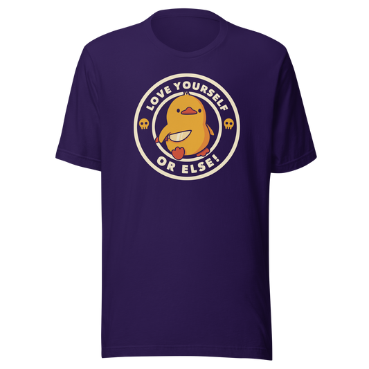 A cute yellow duck holding a small knife, around it the text “Love Yourself Or Else!”. A chaotic and funny design mixing self-care with tough love. Perfect for mental health rebels, duck lovers, and anyone who needs a little push to be kind to themselves.