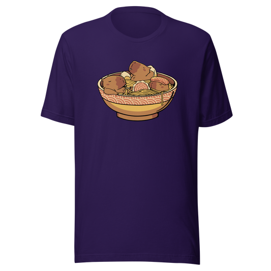 A bowl of ramen filled with noodles and toppings, together with these ingredients we have some small capybaras as if they were napping. A very cute art for those who like Japanese food and cute capybaras.