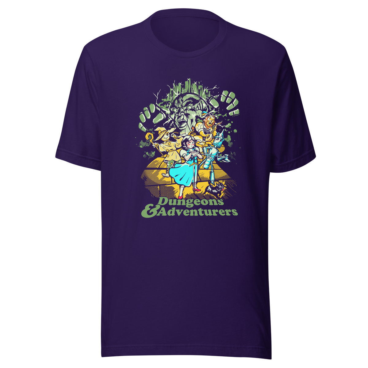 Fantasy-inspired adventure design featuring classic storybook characters on a dungeon quest. Retro comic style artwork with dark fantasy elements and vintage textures.