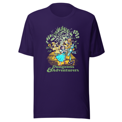 Fantasy-inspired adventure design featuring classic storybook characters on a dungeon quest. Retro comic style artwork with dark fantasy elements and vintage textures.