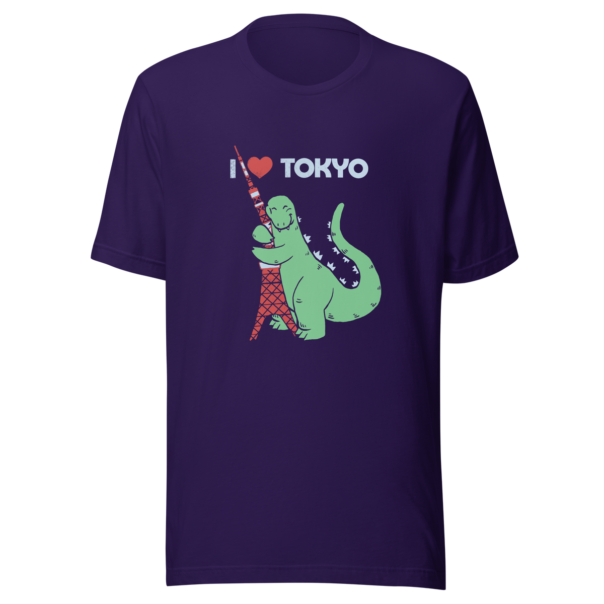 Funny cartoon monster hugging the Tokyo Tower under an “I Love Tokyo” sign. Retro-style parody artwork with vintage textures and playful giant-creature humor.