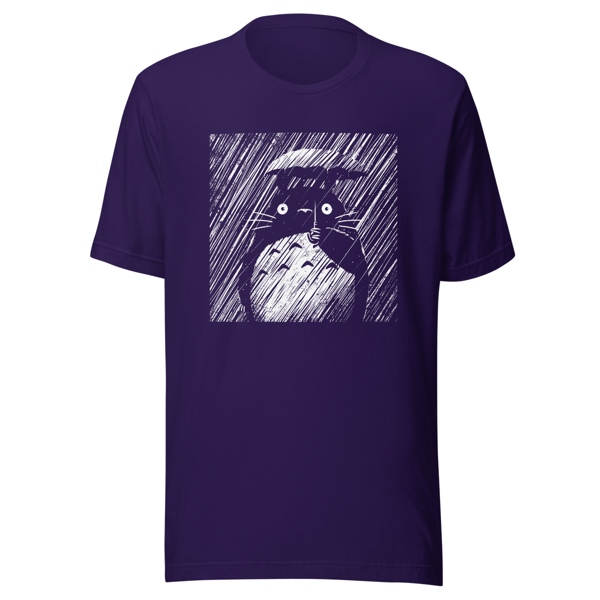 A large forest spirit stands still in the rain, holding a tiny umbrella while soaking in the storm. This black and white design captures a quiet, emotional moment with a vintage, textured style.