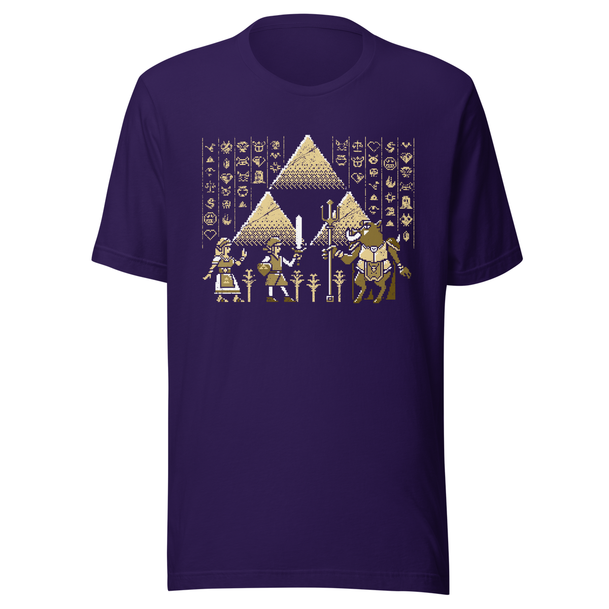 A pixel-style hero, princess, and beast clash in front of golden pyramids and mysterious symbols. This retro fantasy design blends ancient power with classic 8-bit vibes — perfect for old-school adventurers.