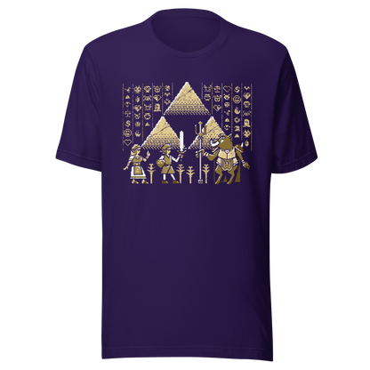 A pixel-style hero, princess, and beast clash in front of golden pyramids and mysterious symbols. This retro fantasy design blends ancient power with classic 8-bit vibes — perfect for old-school adventurers.