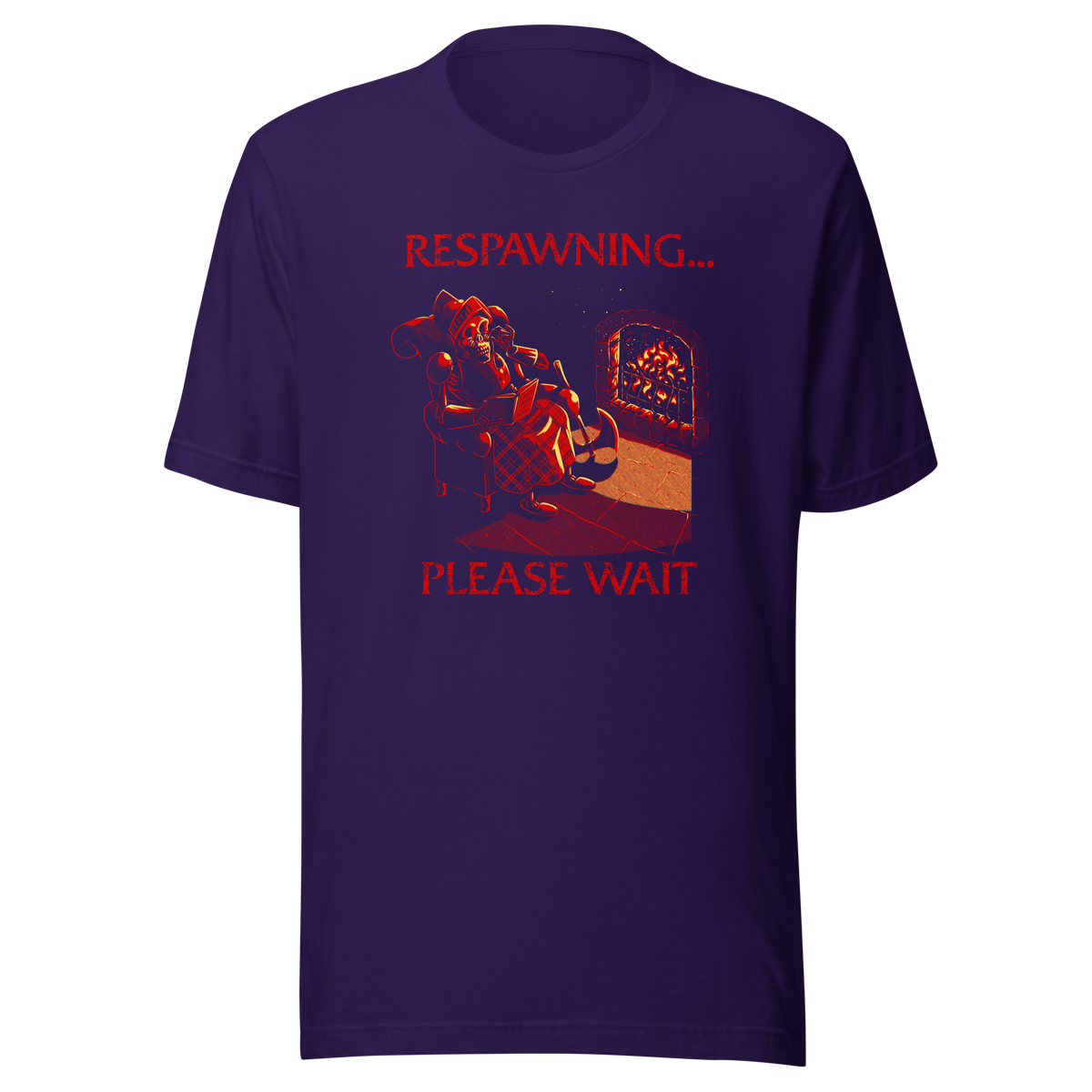 A skeleton warrior rests by the fireplace, sipping tea and reading while waiting to respawn. With cozy lighting and dark humor, this design is made for gamers who know death is just a short break.