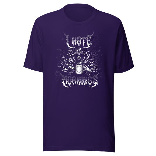 A dark gothic illustration of a mysterious hooded figure emerging from swirling shadows while holding a steaming coffee mug. Ornate lettering, crescent shapes, and eerie decorative details create a spooky supernatural coffee theme.