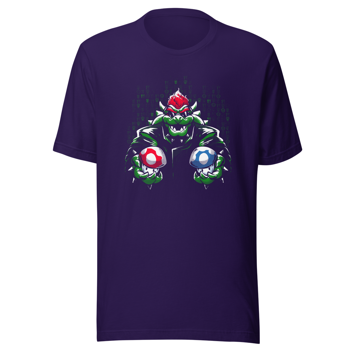A fierce green fantasy creature with a red crest holds two colorful mushroom-like objects against a digital backdrop. Bold comic-style artwork, vivid contrasts, and a playful retro-gaming aesthetic create a powerful and energetic design.