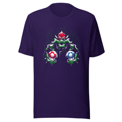 A fierce green fantasy creature with a red crest holds two colorful mushroom-like objects against a digital backdrop. Bold comic-style artwork, vivid contrasts, and a playful retro-gaming aesthetic create a powerful and energetic design.